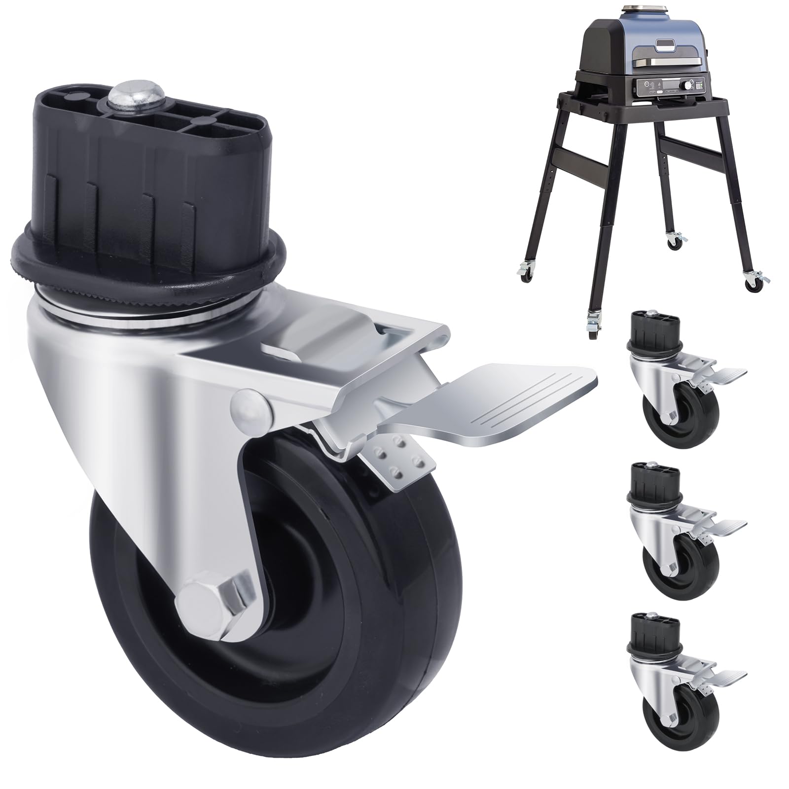 GRILLHOME front view of 3-inch casters showing fit and finish, improving mobility