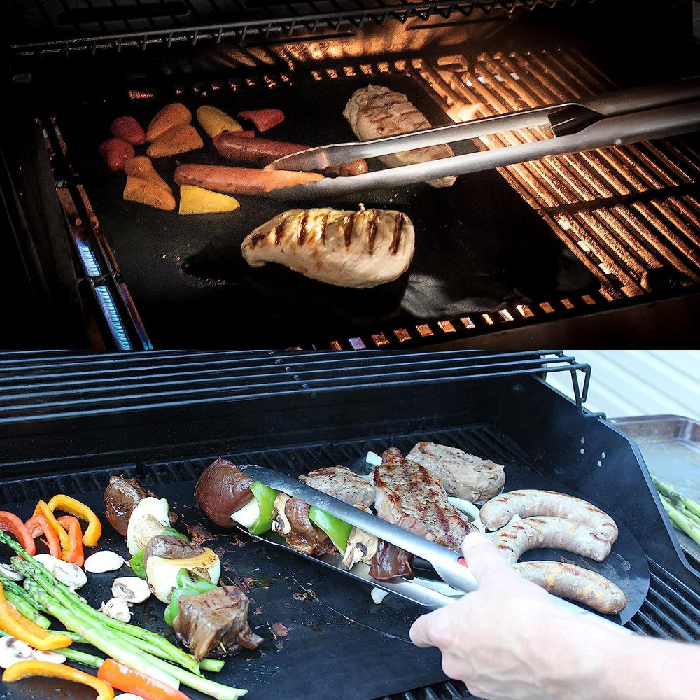 Grillight spatula and tongs in use on a charcoal grill demonstrating practical lighting benefit