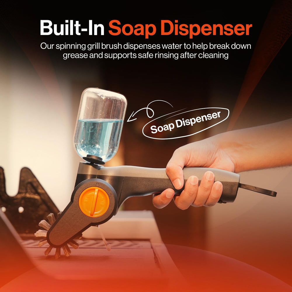 GRILLION soap dispenser close-up releasing detergent to help lift grease and grime