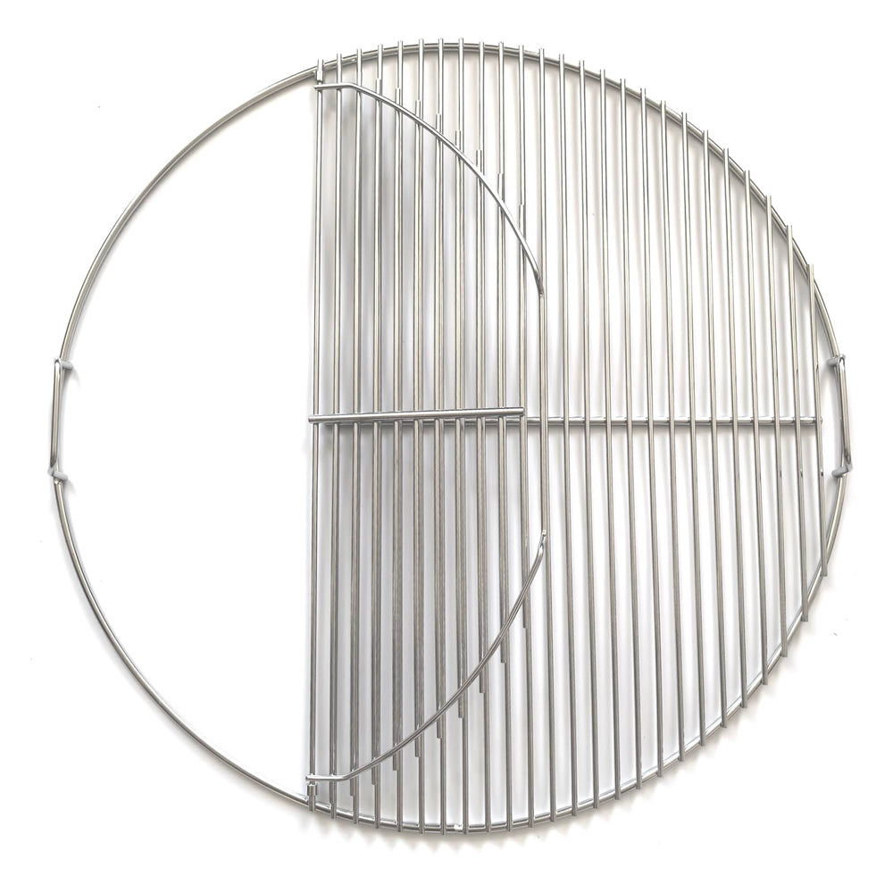 GRILLJOB front view of 22 inch hinged grate showing full cooking surface and stability