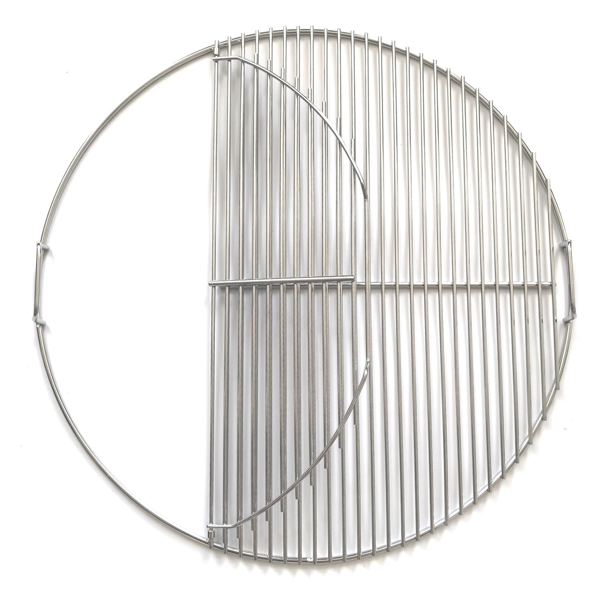GRILLJOB front view of 22 inch hinged grate showing full cooking surface and stability