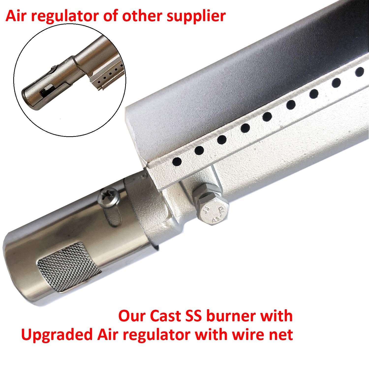 GRILLJOB close detail of upgraded air regulator with wire net for improved gas airflow