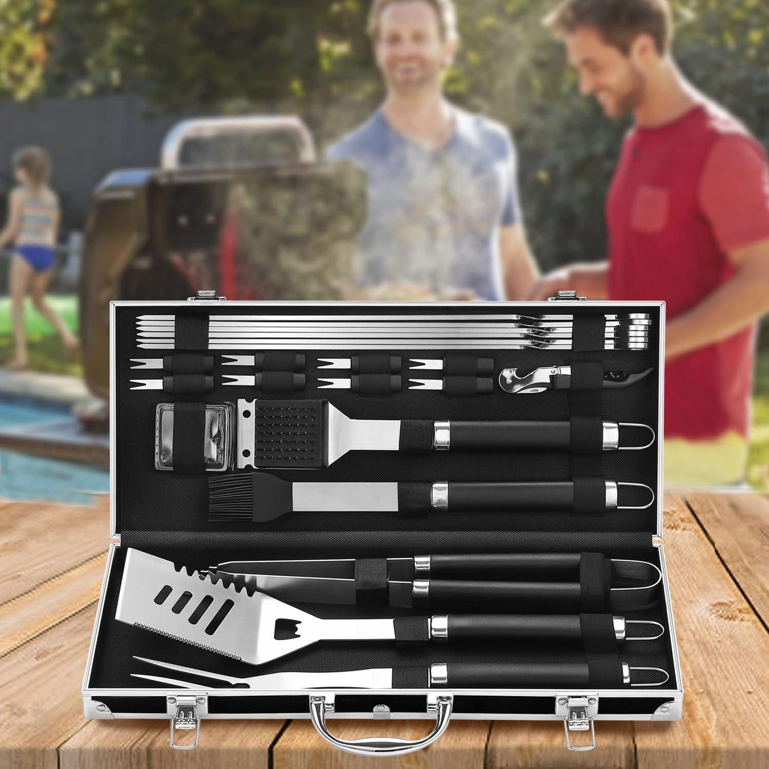 grilljoy compact aluminum case next to hand for scale showing portable storage benefit