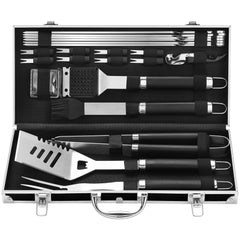 grilljoy black aluminum case open showing organized 22-piece kit and easy transport