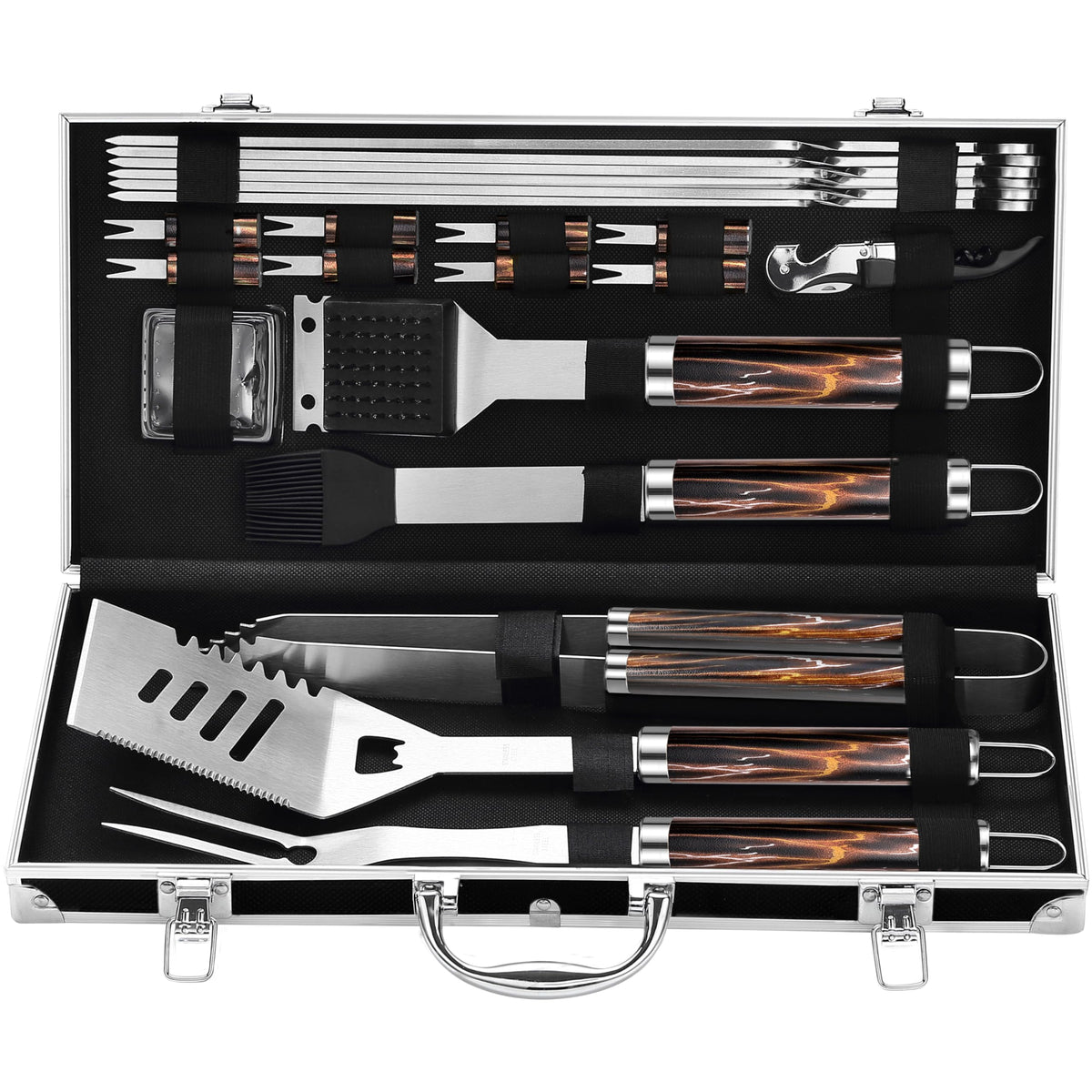 grilljoy front view of open case showing organized 22-piece kit and easy transport benefit