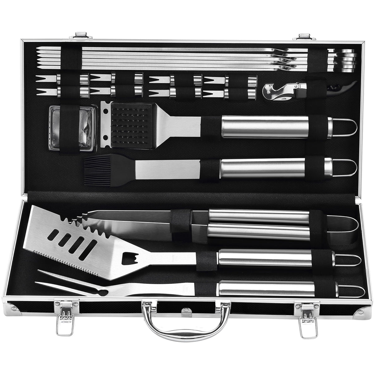 grilljoy black aluminum case front view showing neat storage, durable travel protection