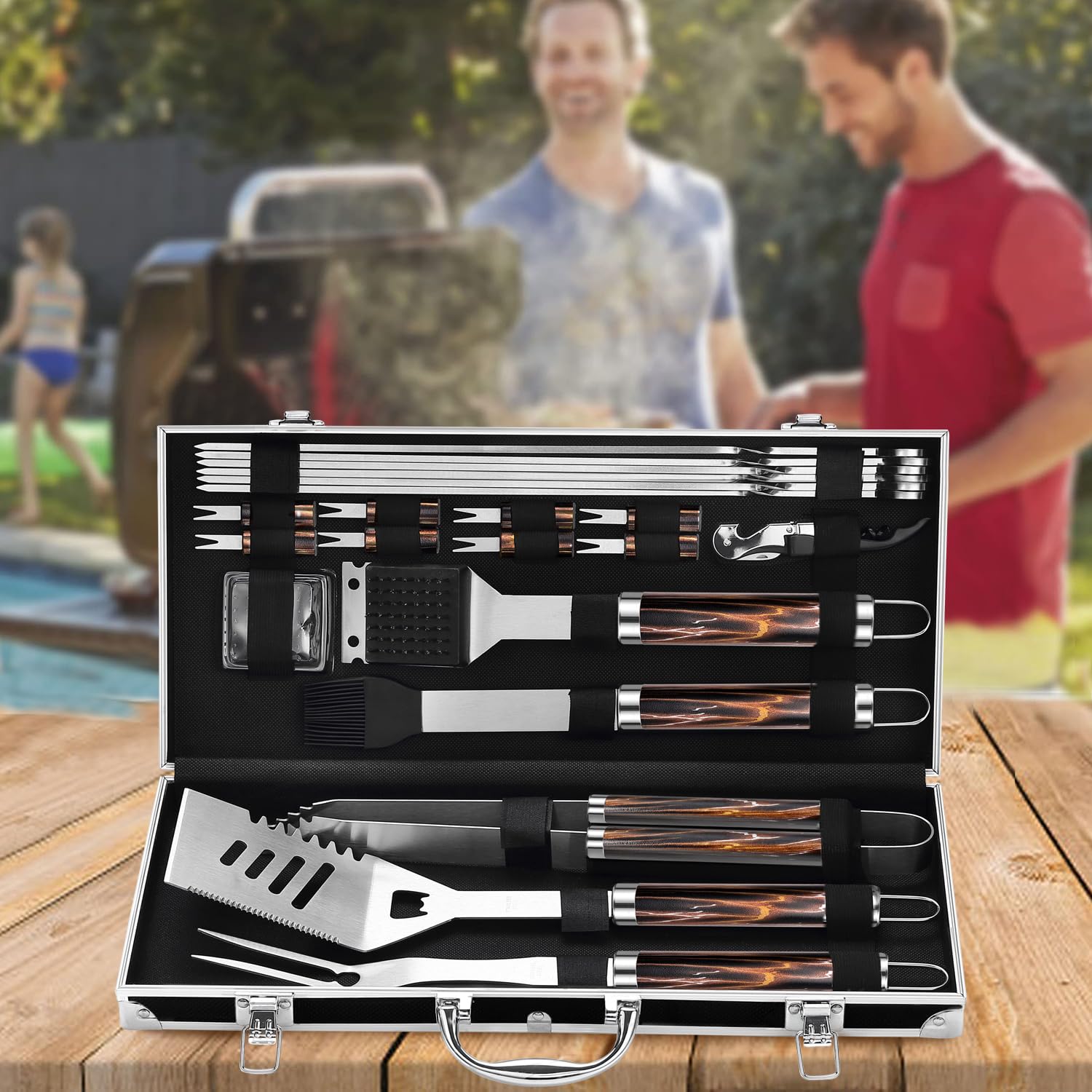 grilljoy tools in backyard barbecue scene showing ready-to-use convenience for hosts