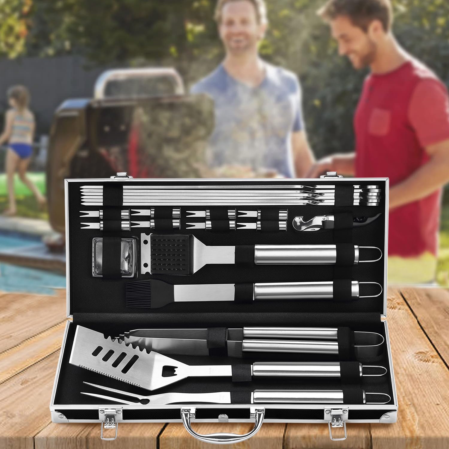 grilljoy tools next to a hand for scale, compact portable kit benefit
