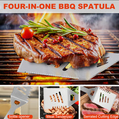 grilljoy tongs and fork lifting steak on grill showing safe handling benefit