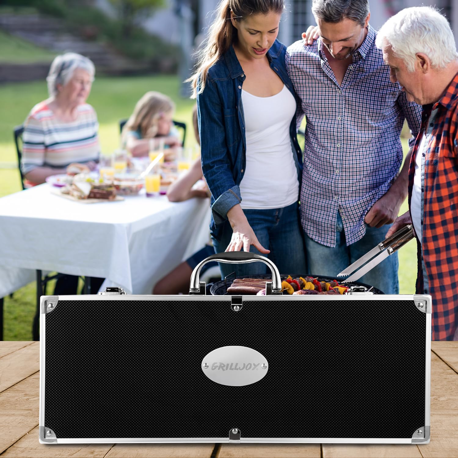 grilljoy closed black aluminum case demonstrating protective storage and portability
