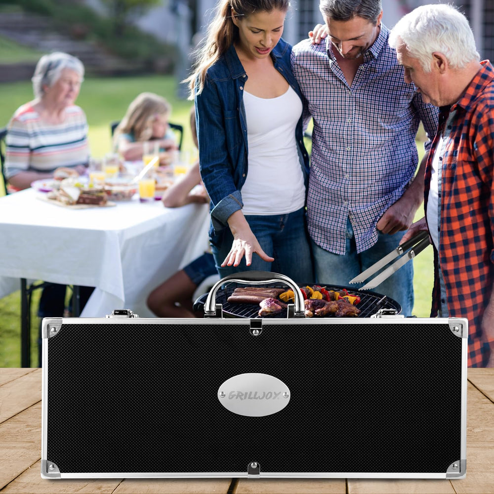 grilljoy tools in use over charcoal grill illustrating heat resistance and user control