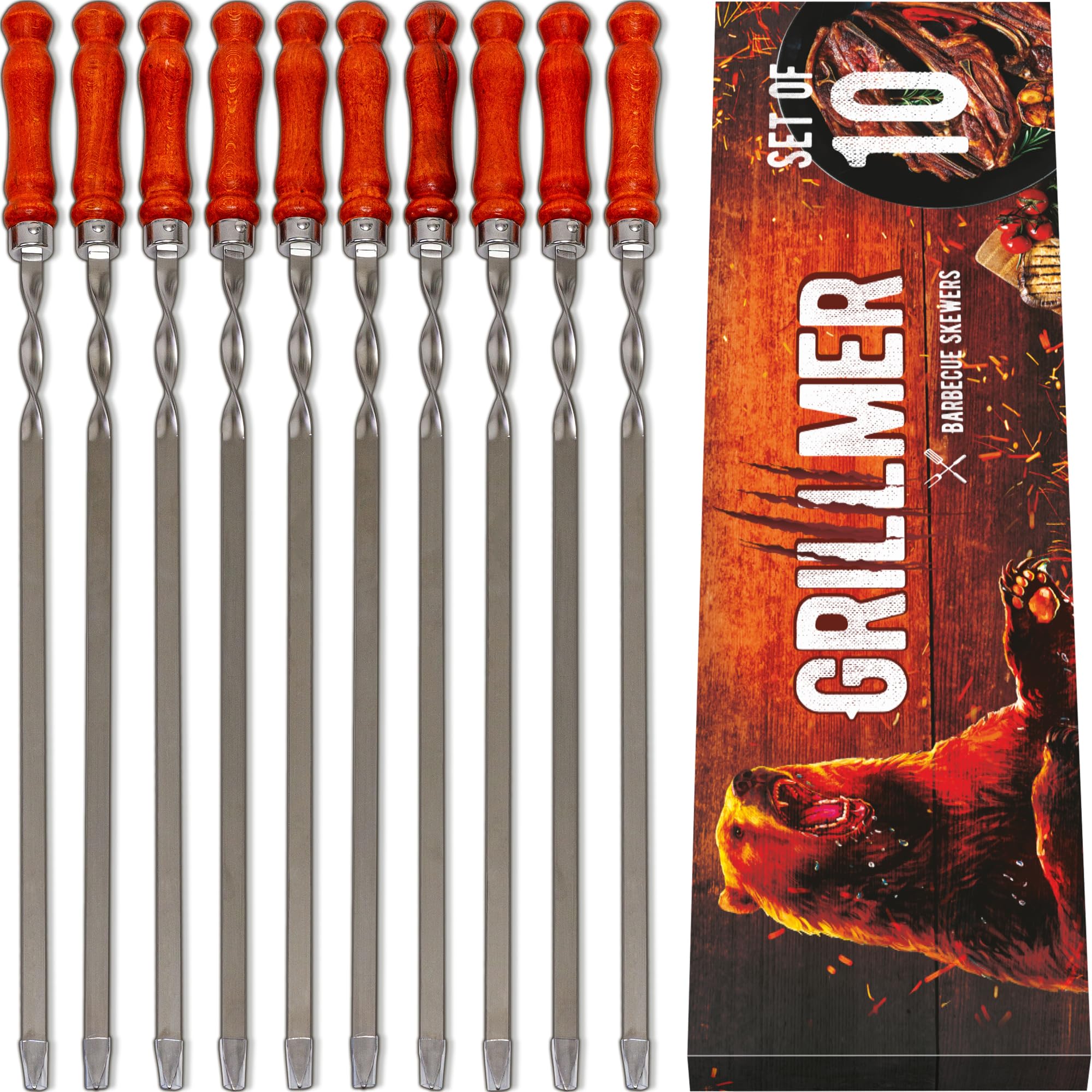 GRILLMER full set front view showing ten long skewers for stable grilling