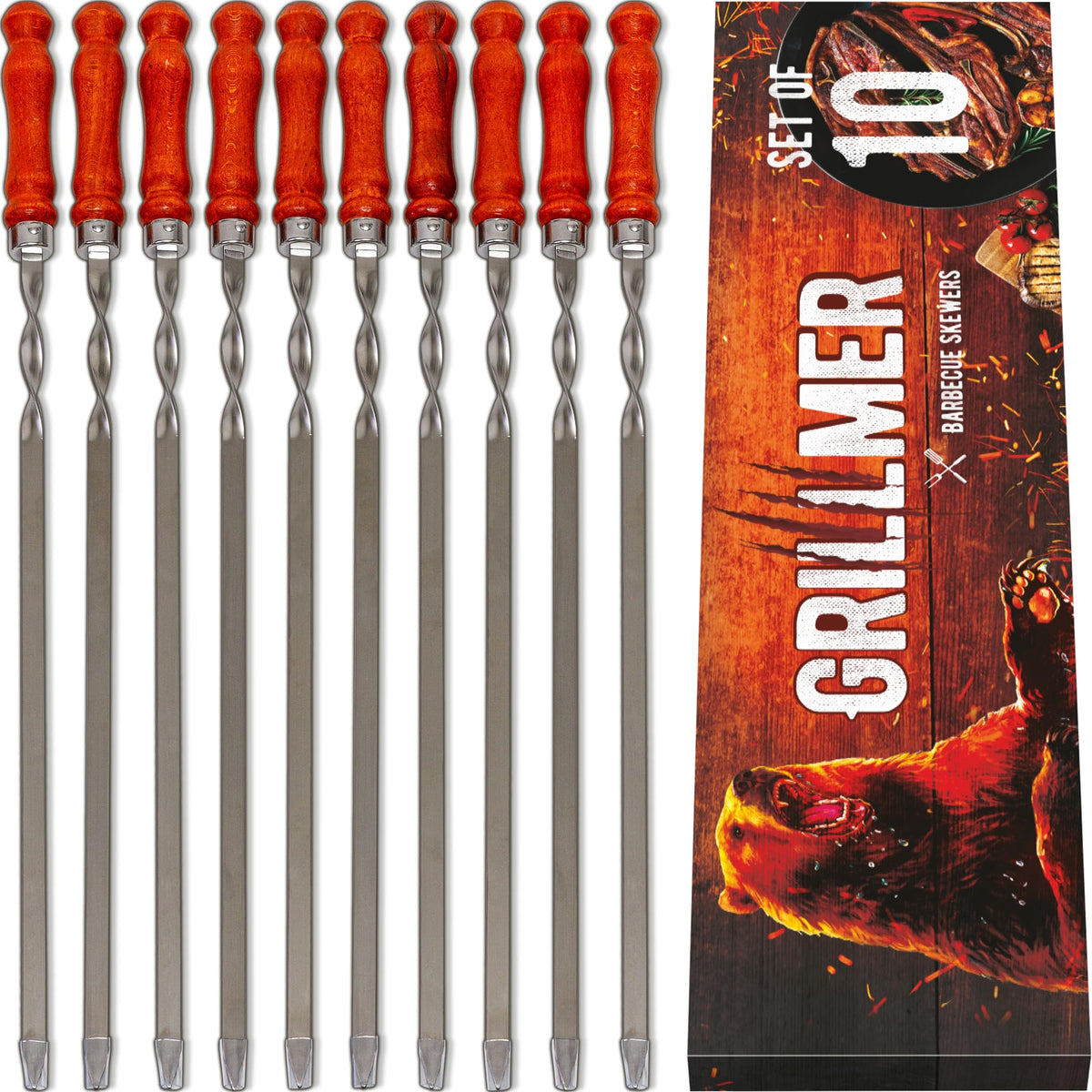 GRILLMER full set front view showing ten long skewers for stable grilling