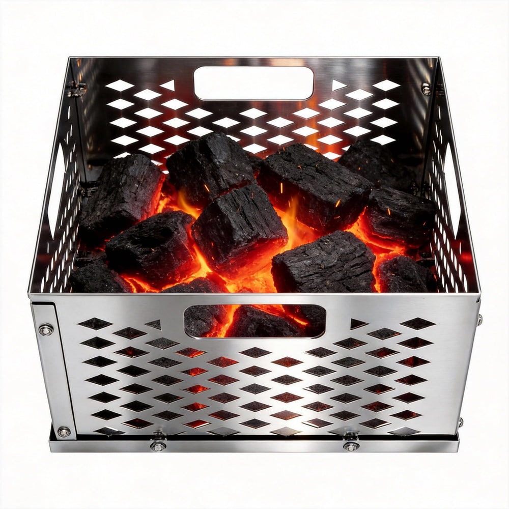 Grilltonic front view of stainless steel firebox basket shows durable fit and easy loading