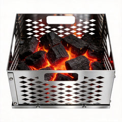 Grilltonic front view of stainless steel firebox basket shows durable fit and easy loading