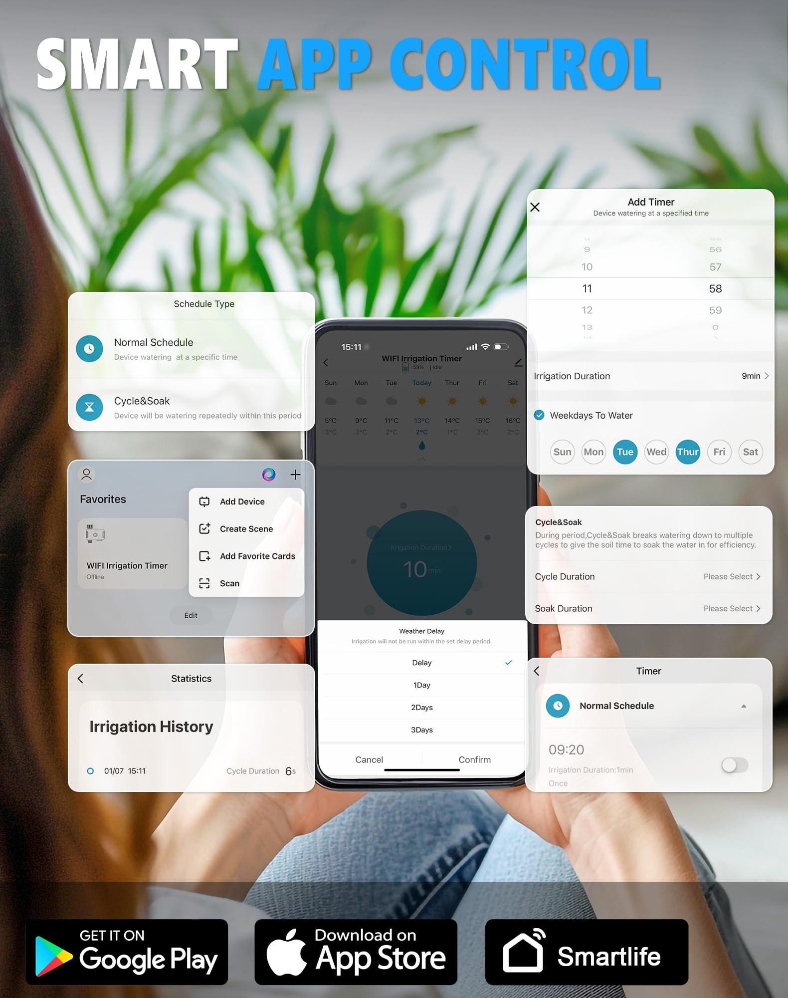 Grillum app screen scheduling interface showing customizable watering programs and remote control