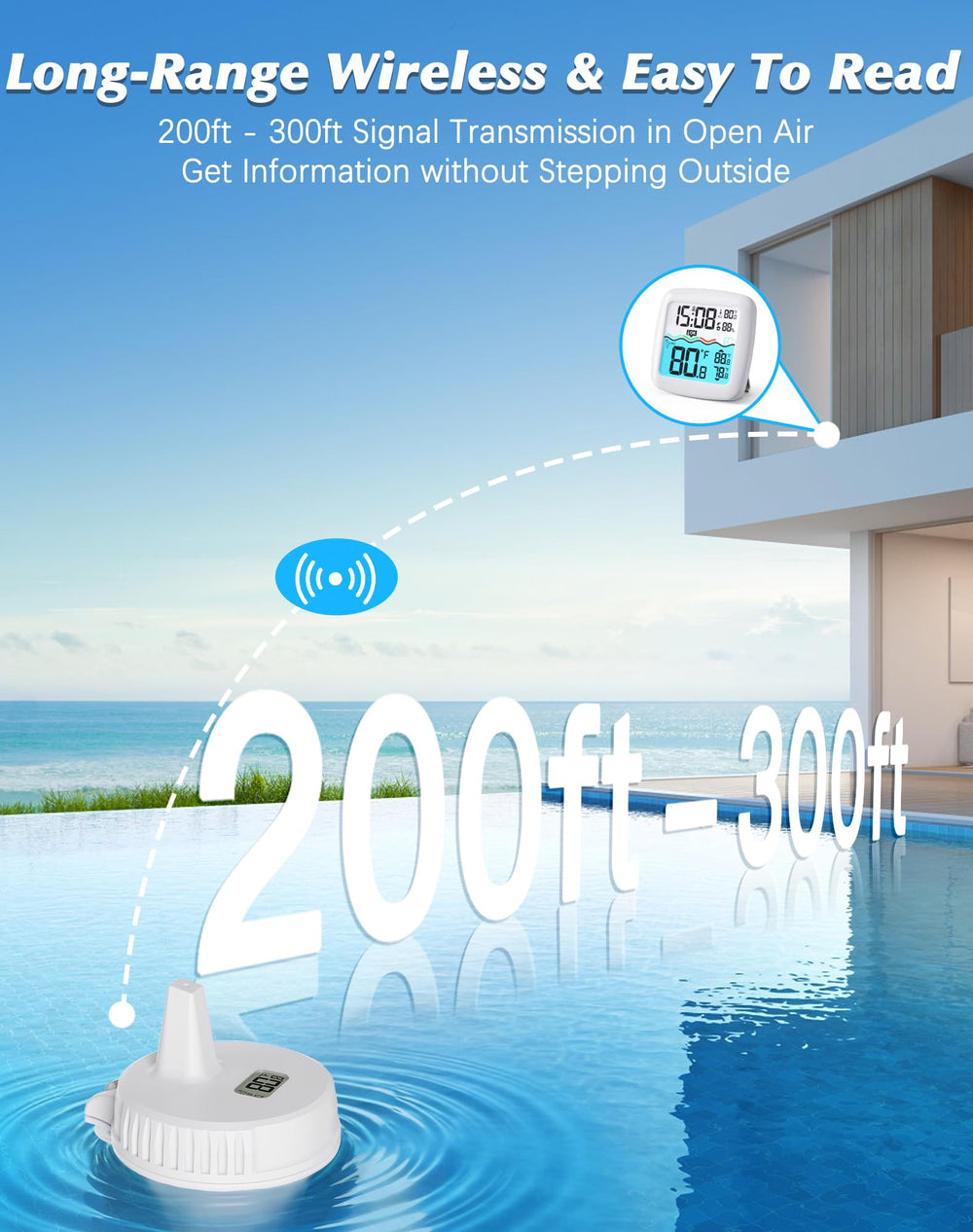 Grillum display on patio table showing indoor and pool temperature for convenience