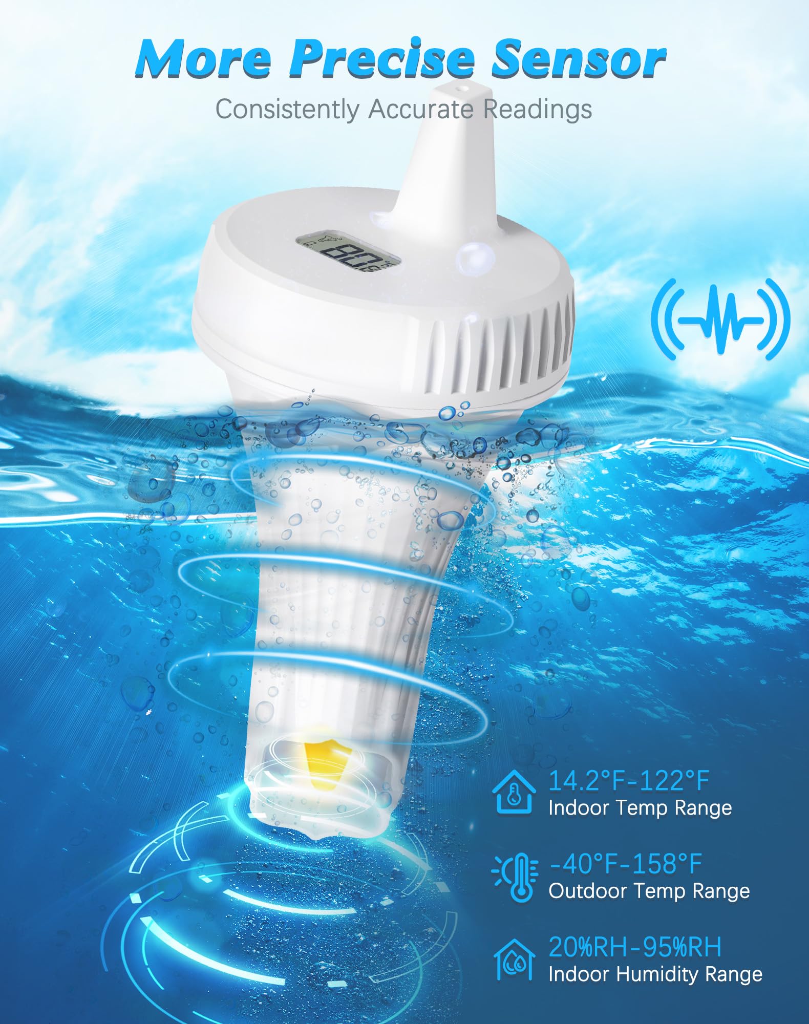 Grillum sensor floating in a pool demonstrating wireless remote temperature monitoring