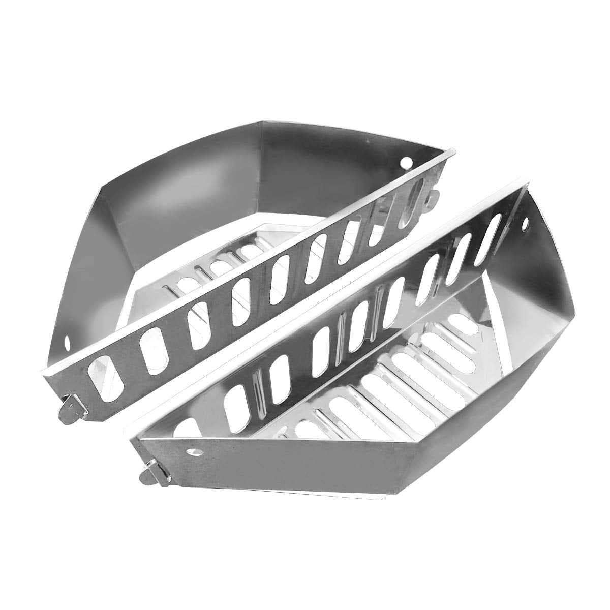 GRILLVANA front view of charcoal basket set showing durable stainless construction and neat storage
