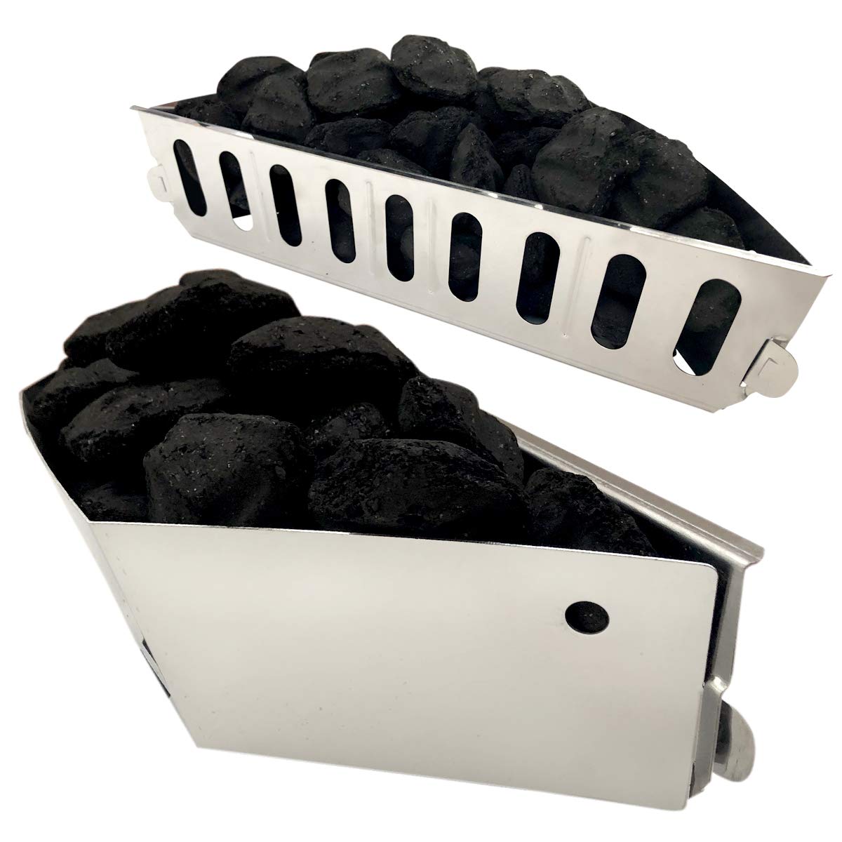 GRILLVANA baskets installed in a 22" kettle demonstrating dual-basket zone control benefit