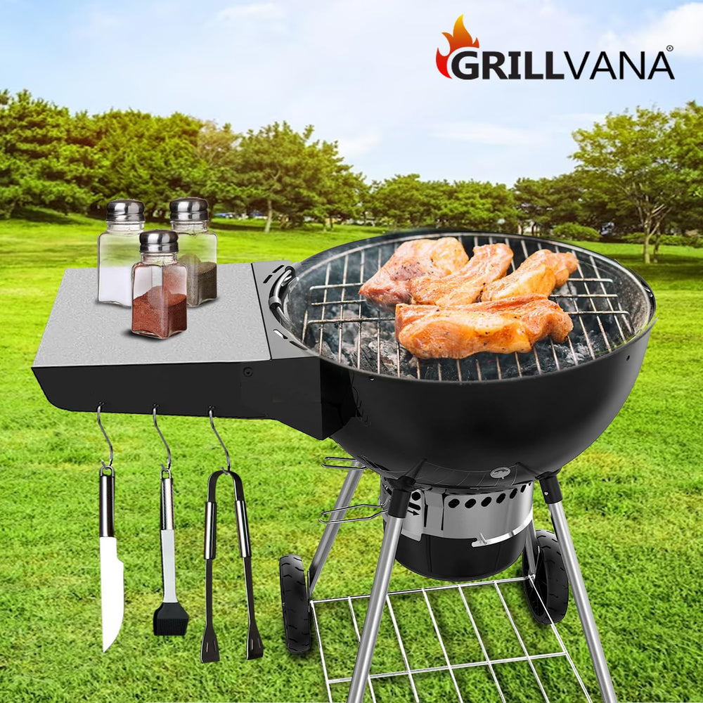 GRILLVANA Kettle-Pro in a backyard setup showing extra prep area for convenient outdoor cooking