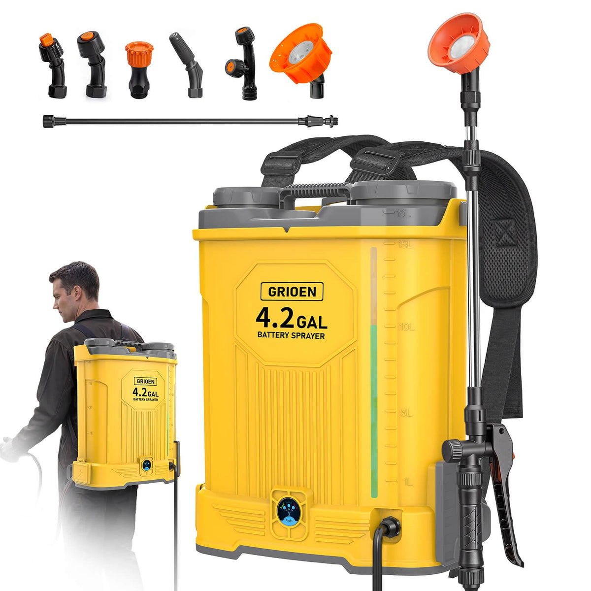 GRIONE backpack sprayer front view showing build and straps for comfortable use