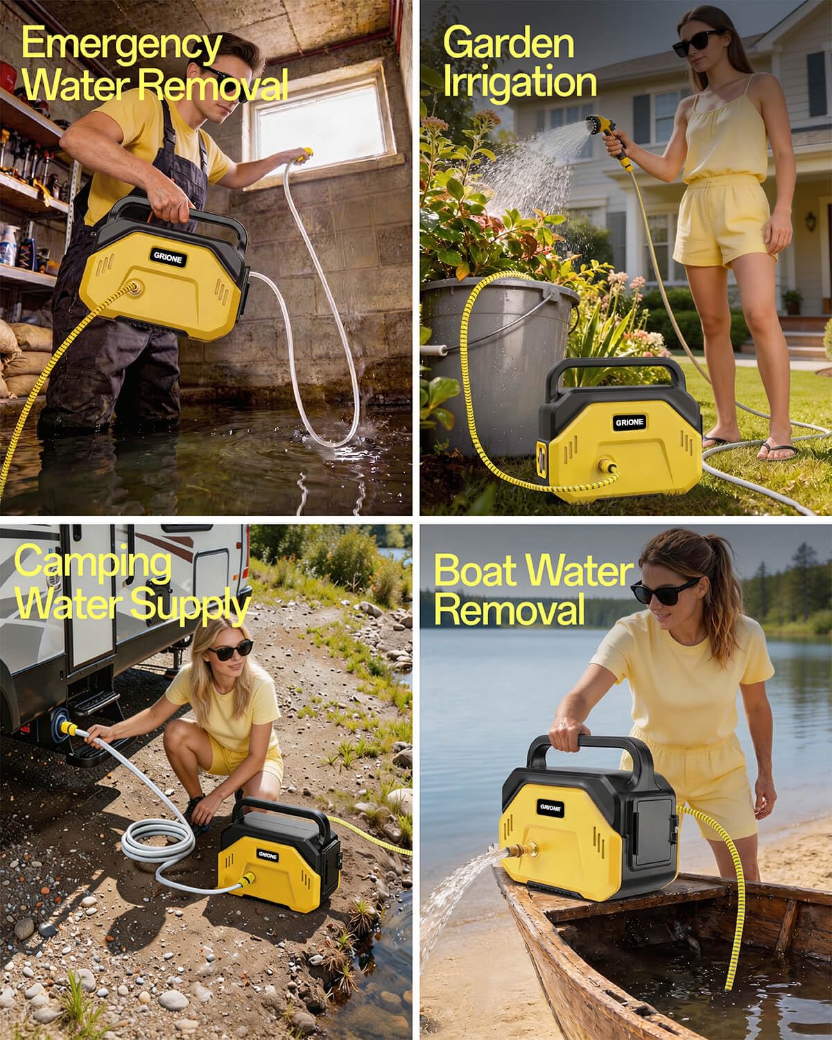 GRIONE pump in use draining a backyard pool, fast efficient water removal
