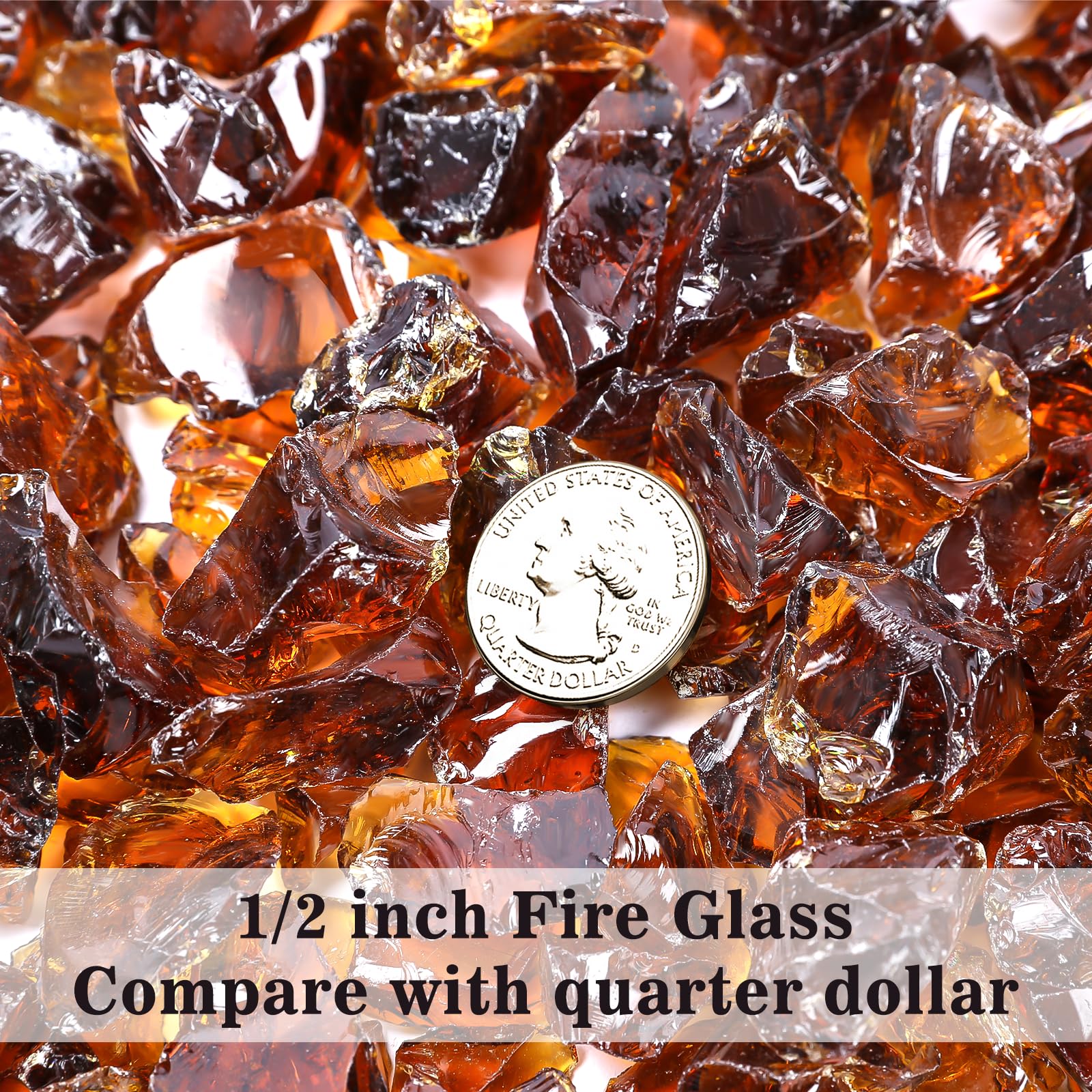 GRISUN pile close-up of 1/2 inch amber glass pieces showing reflective sparkle