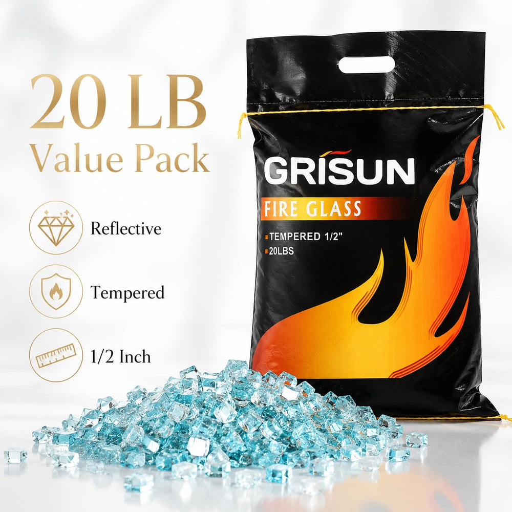 GRISUN open 20 lb bag spilling aqua blue fire glass ready to use