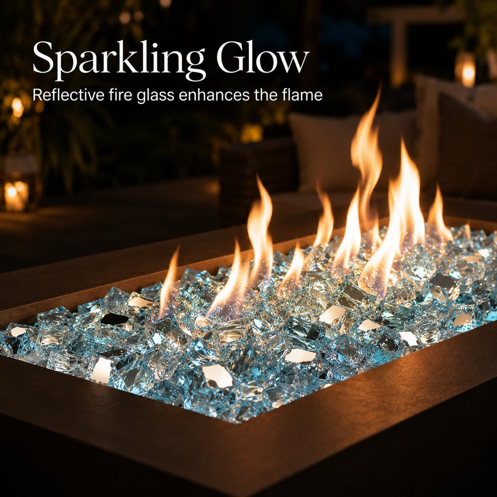 GRISUN close-up of tempered aqua blue fire glass showing sparkling texture