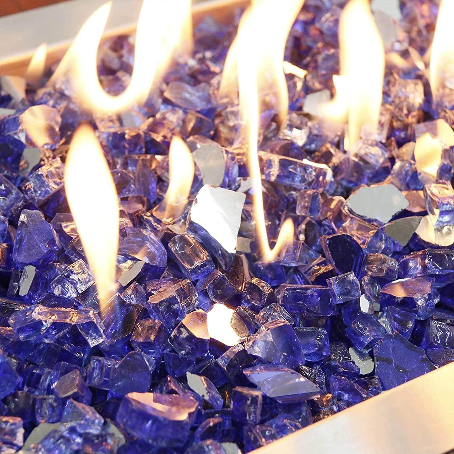 GRISUN close-up texture of 1/2 inch tempered blue fire glass sparkle