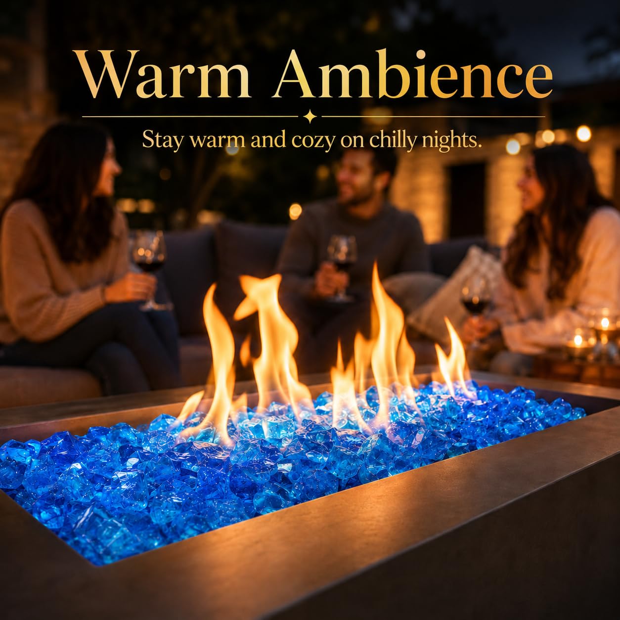 Evening fire table sparkling with GRISUN glass for enhanced ambiance
