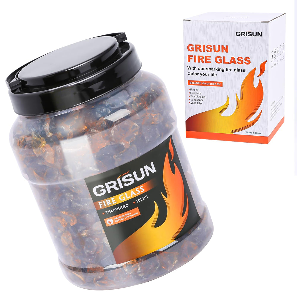 GRISUN bag label displaying 10 lbs amber fire glass for easy identification