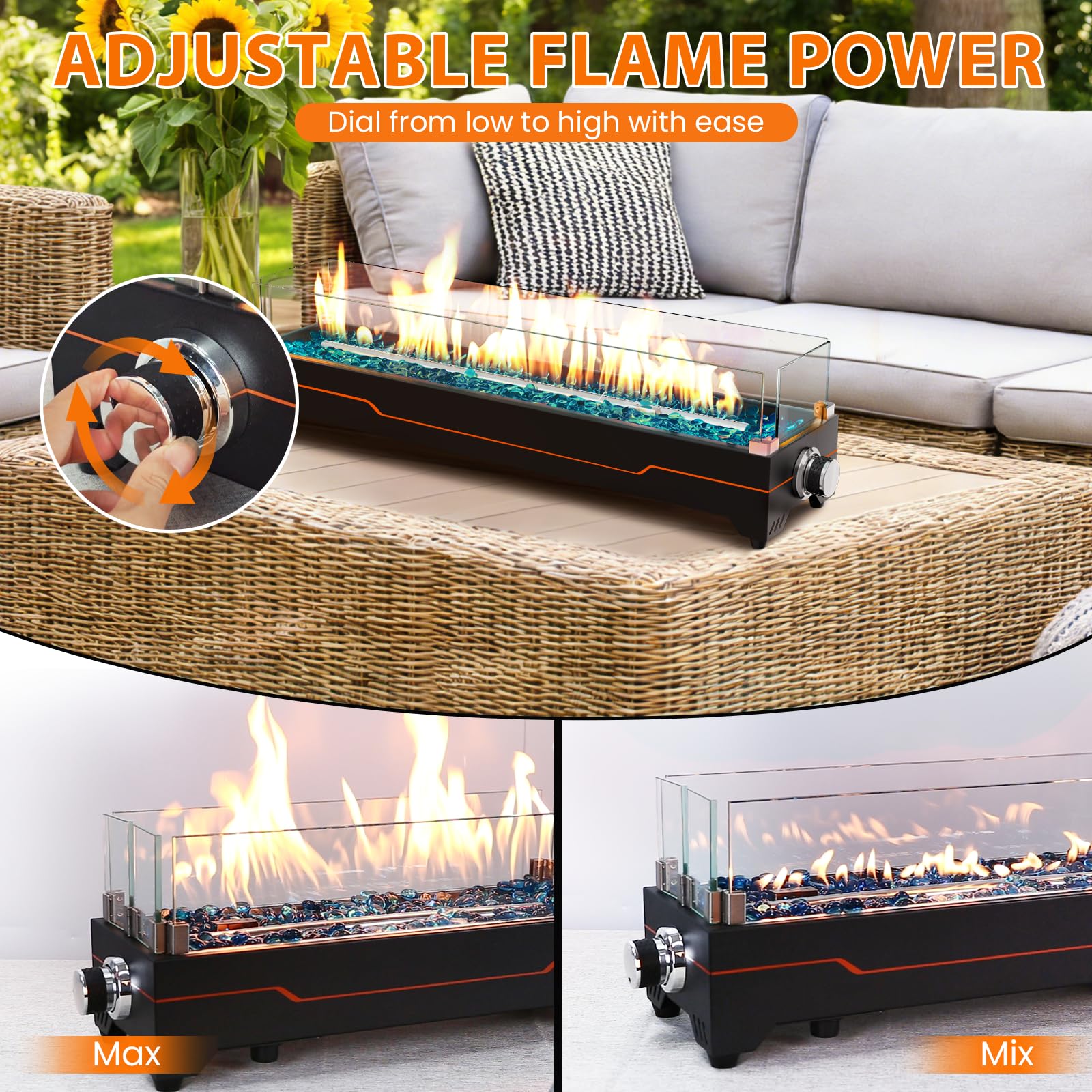 GRISUN fire pit in evening patio scene creating cozy atmosphere for guests