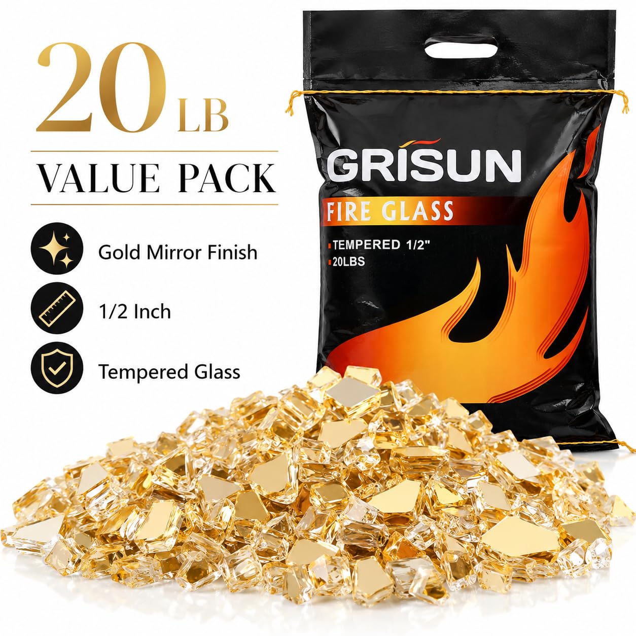 GRISUN fire pit at night with gold glass producing vibrant evening glow