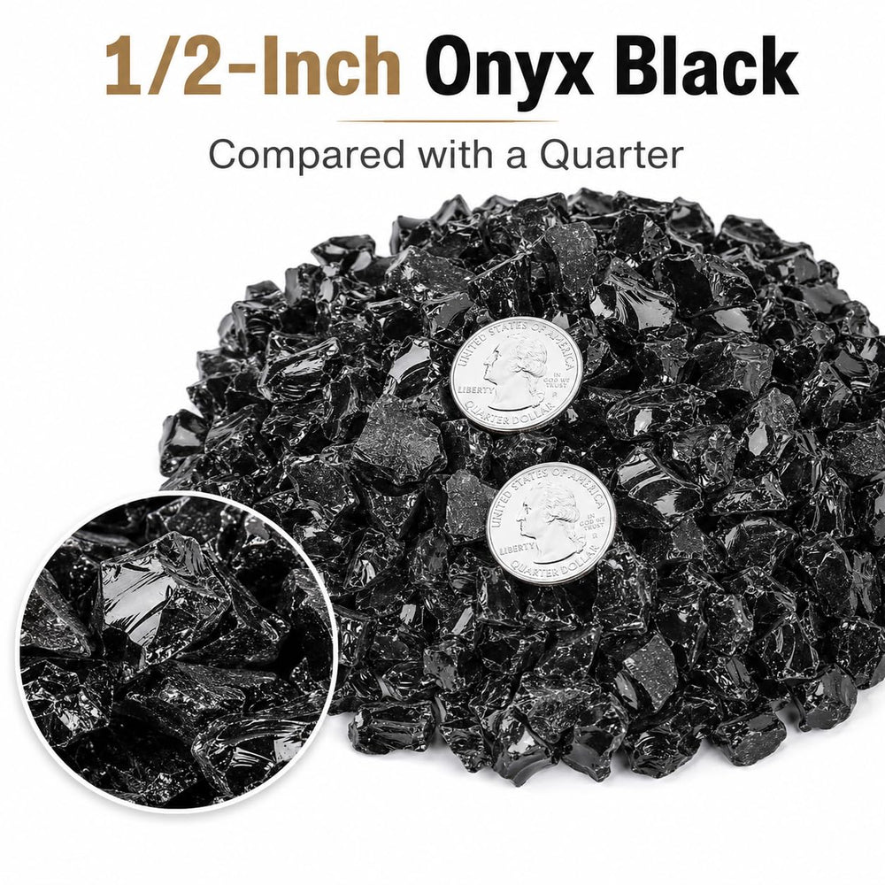 GRISUN onyx black in firepit with flames reflecting brightly and enhancing ambiance