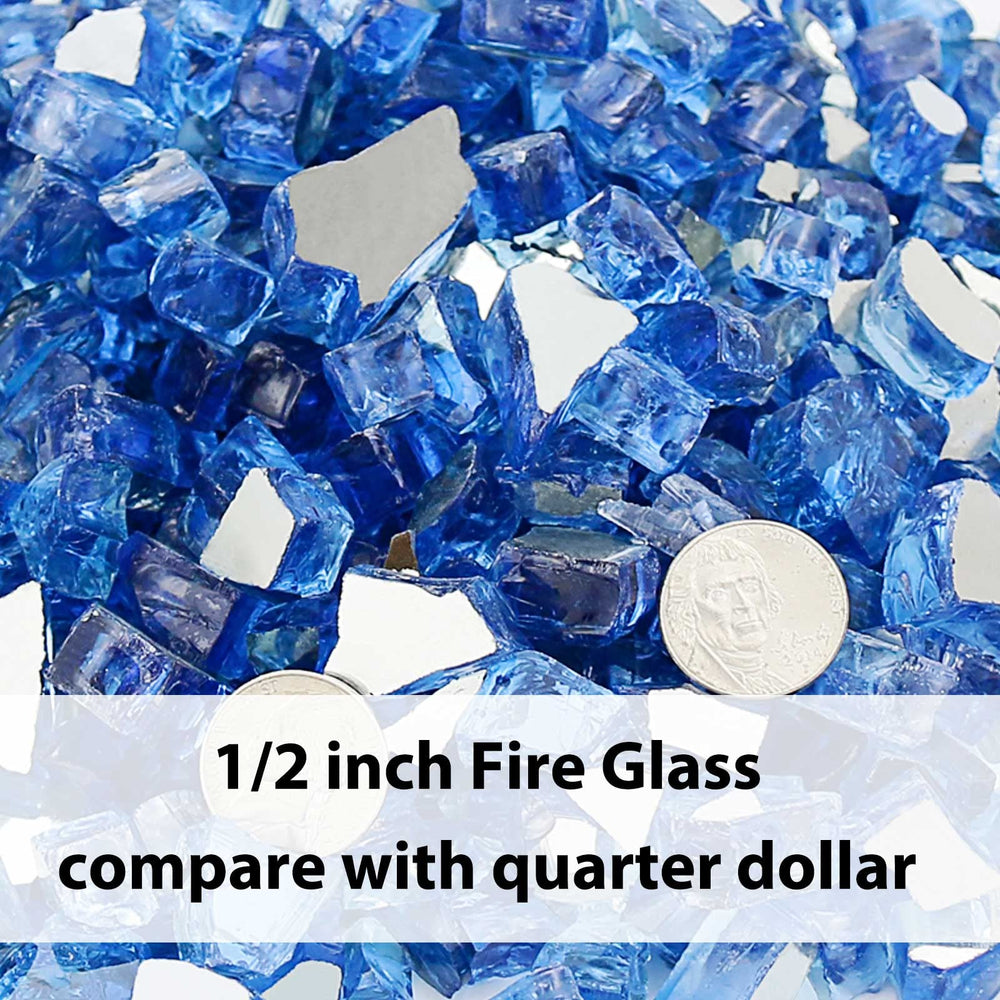 GRISUN fire pit in use with blue glass highlighting brighter flame visuals benefit