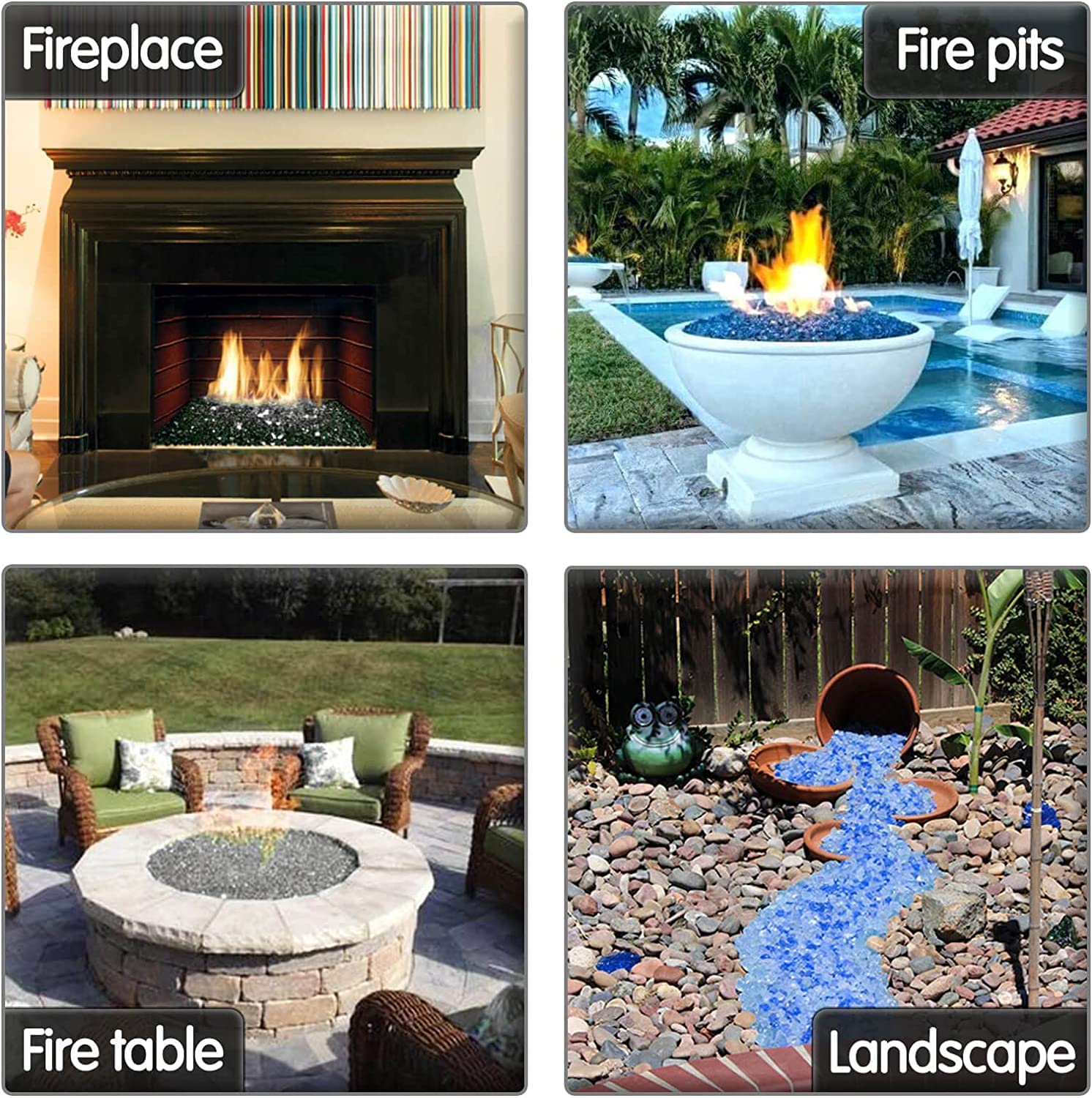 GRISUN indoor fireplace installation with blue glass creating modern aesthetic benefit