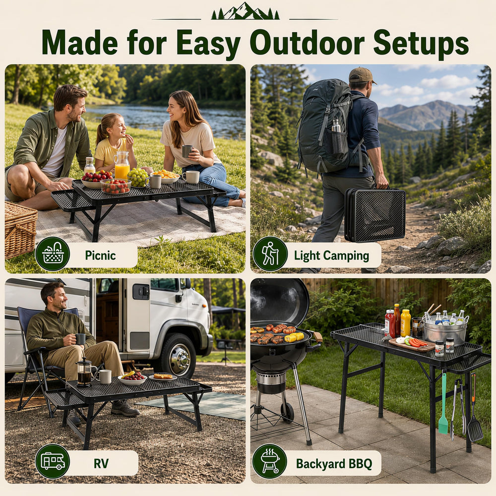Grovind in use at a beach picnic showing versatile outdoor serving space