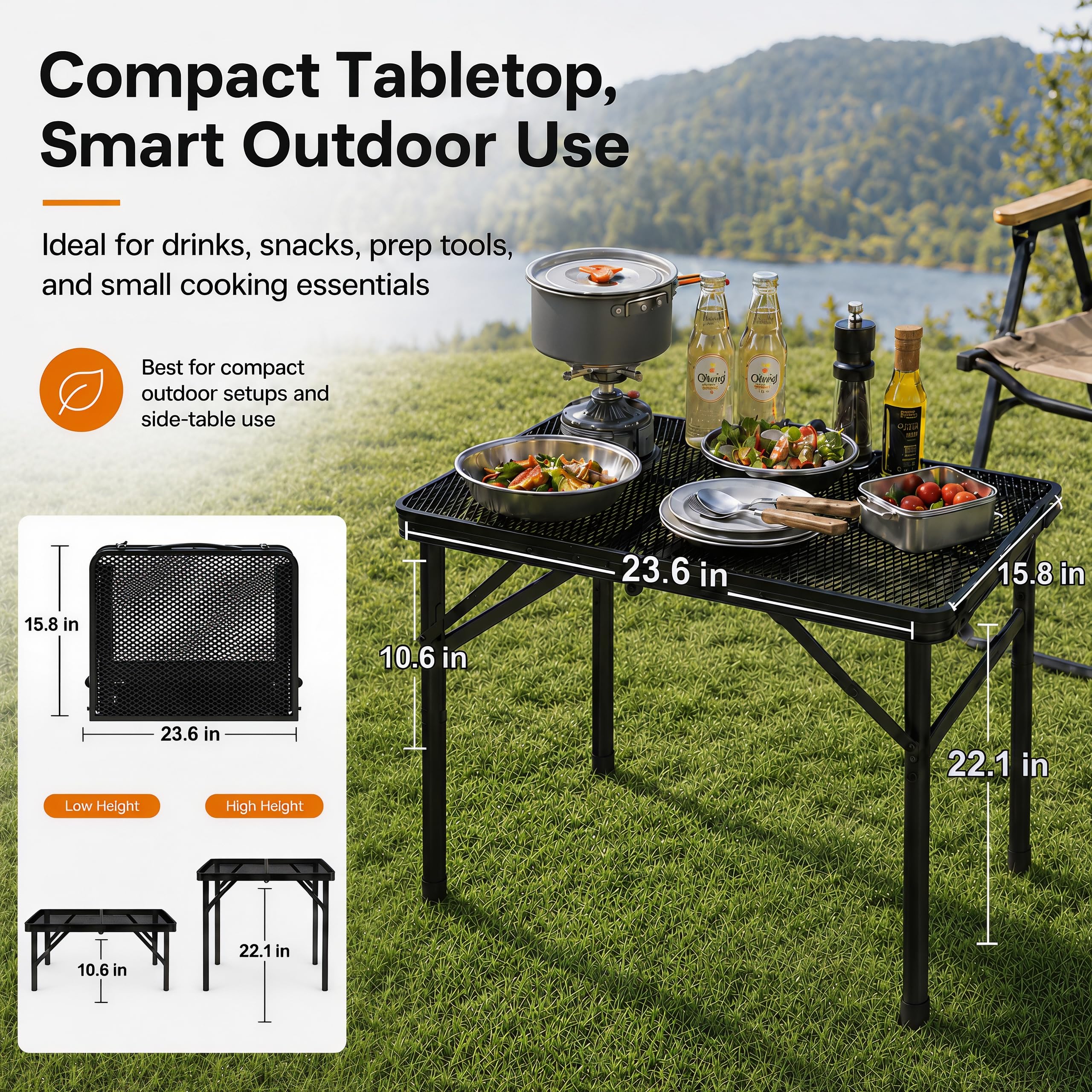 Grovind in-use at campsite with grill demonstrating reliable support