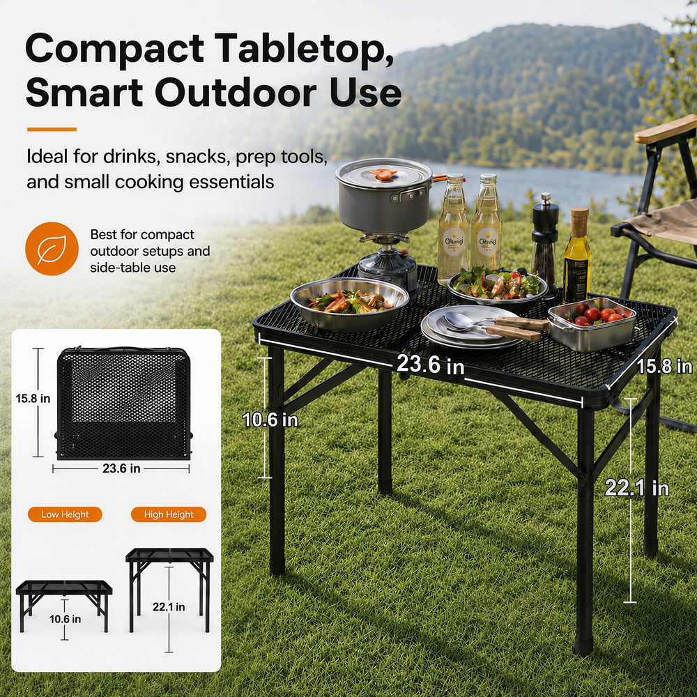 Grovind in-use at campsite with grill demonstrating reliable support