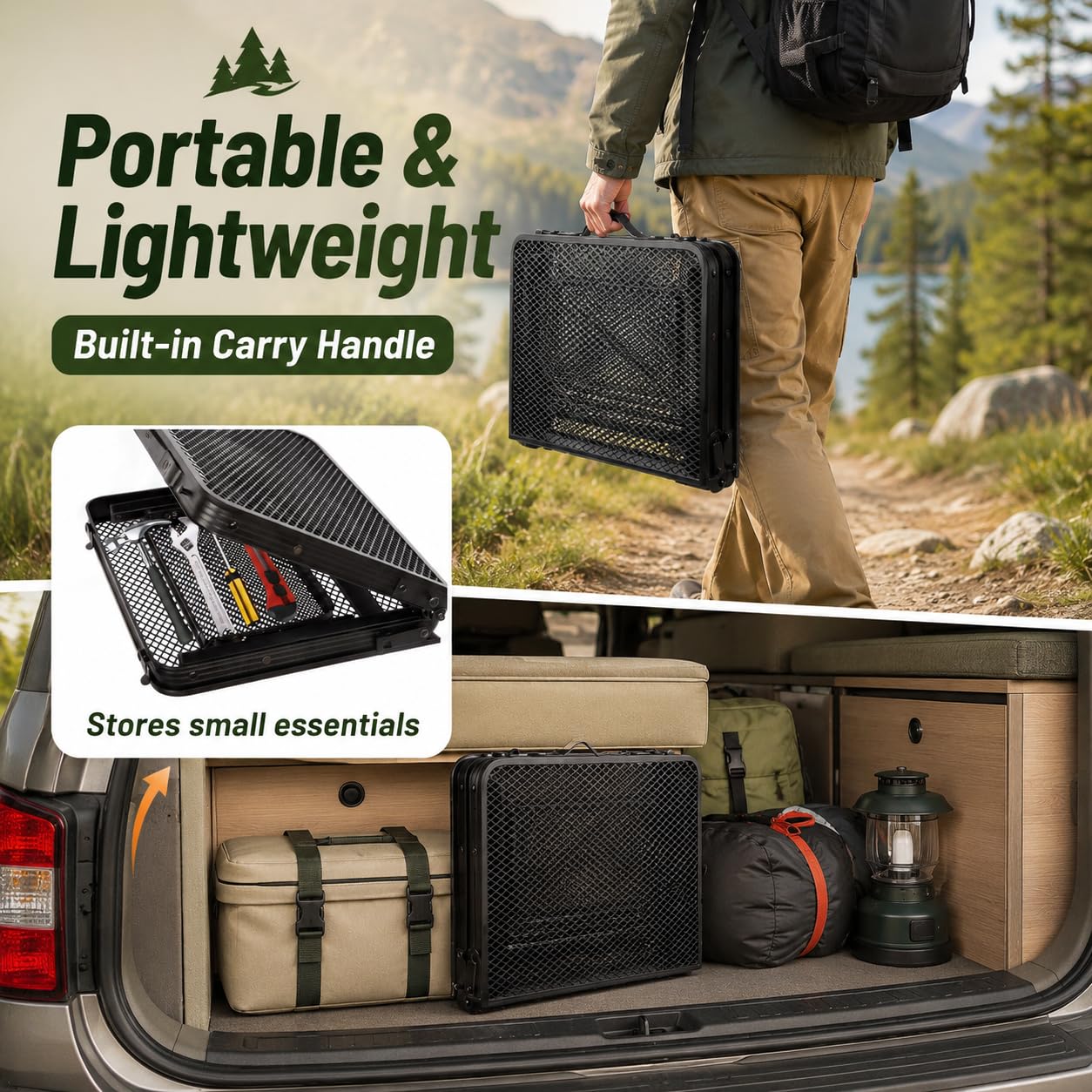 Grovind next to camp chair for scale showing compact footprint and convenience