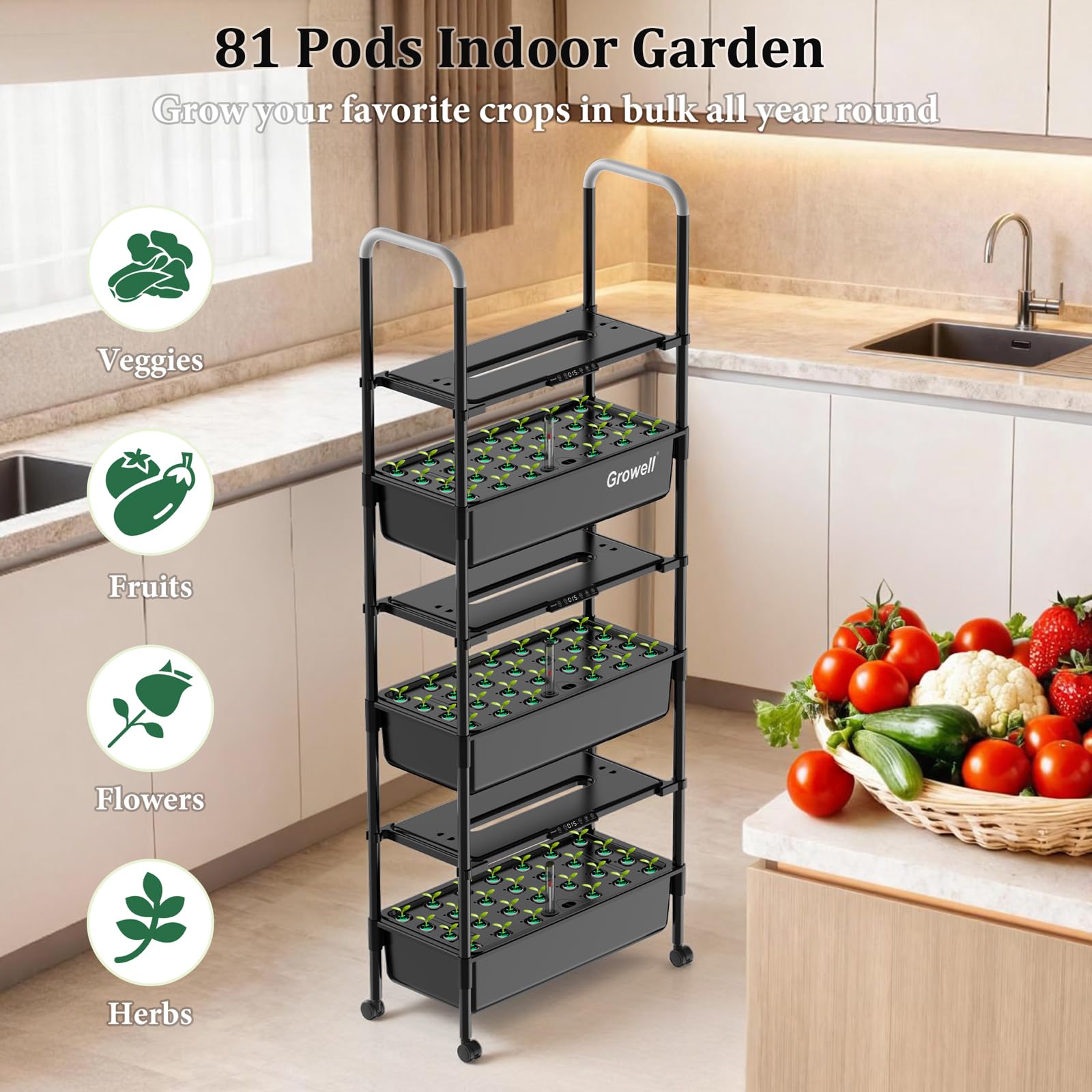 Growell casters and base mobility image showing lockable wheels for repositioning convenience
