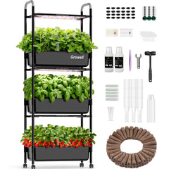 Growell front view full assembly showing three tiers and pods, easy year‑round harvest