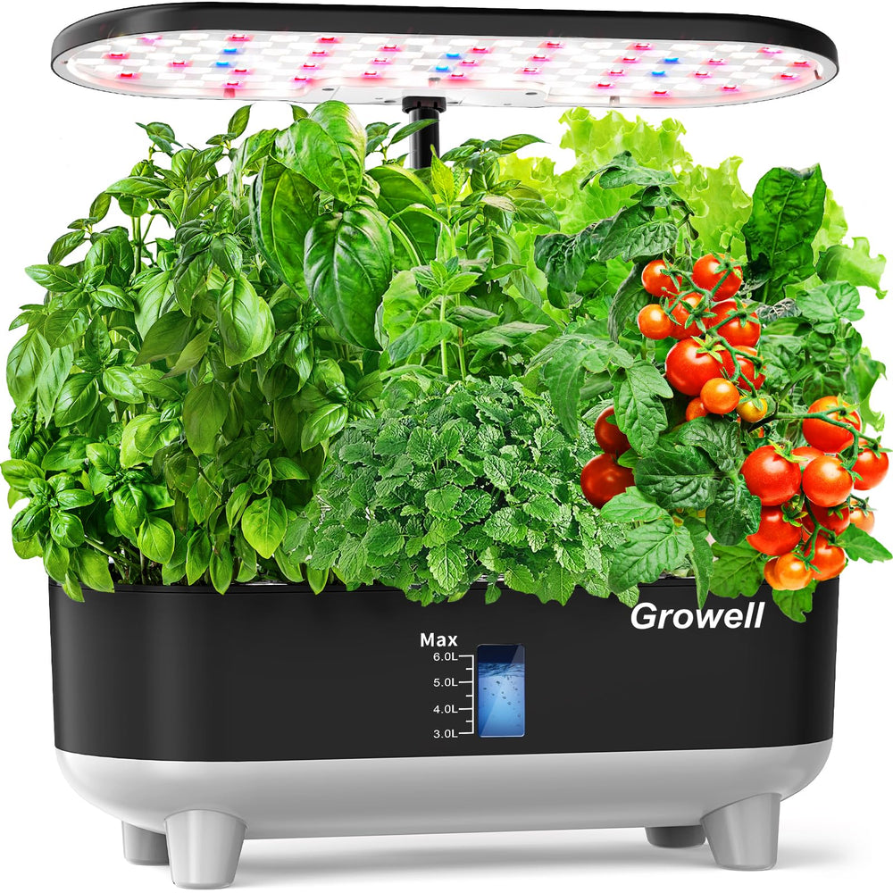 Growell front view of 16-pod hydroponic kit showing tidy indoor garden benefit