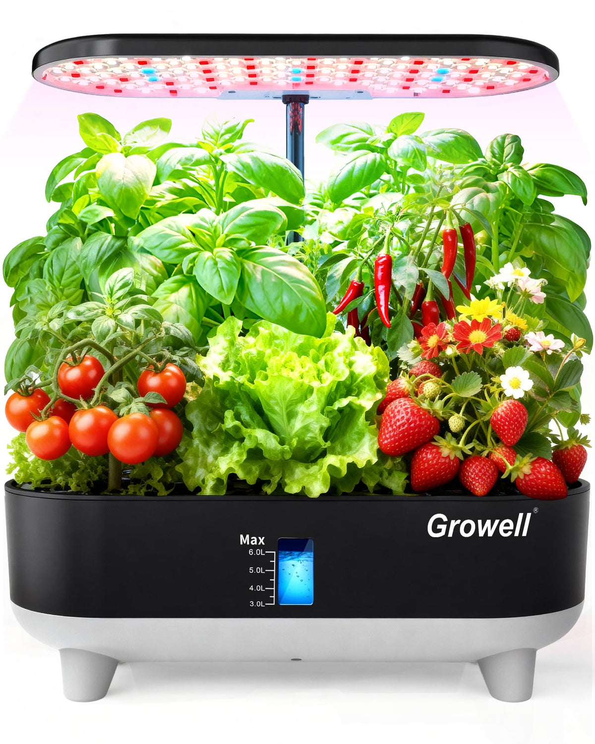 Growell front view showing full 16‑pod hydroponic tower and LED light, ideal for compact indoor gardens