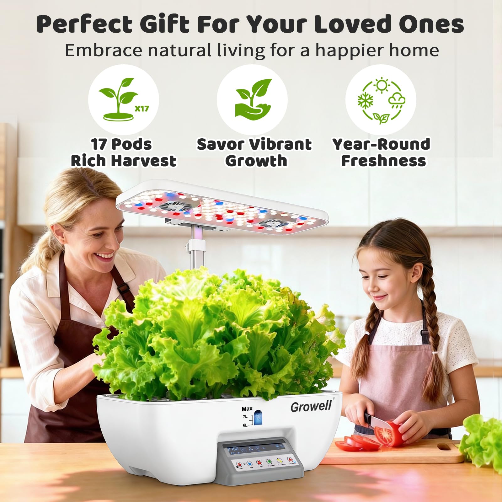 Growell in kitchen lifestyle scene showcasing fresh herbs at arm’s reach
