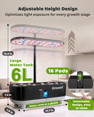 Growell adjustable LED light arm and control panel, offering three modes and two timers for flexibility