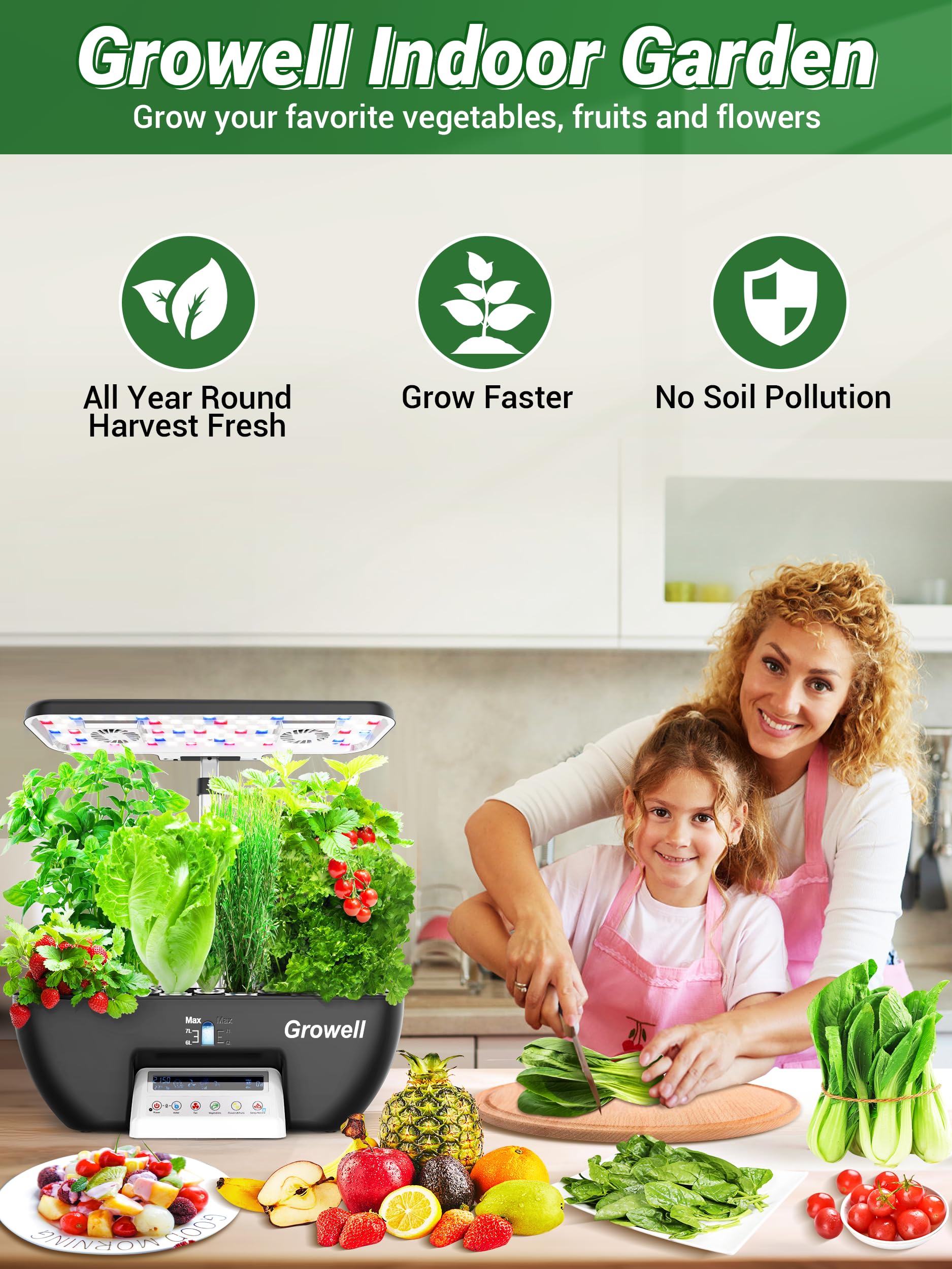 Growell indoor herb garden in a kitchen lifestyle scene providing fresh herbs year‑round