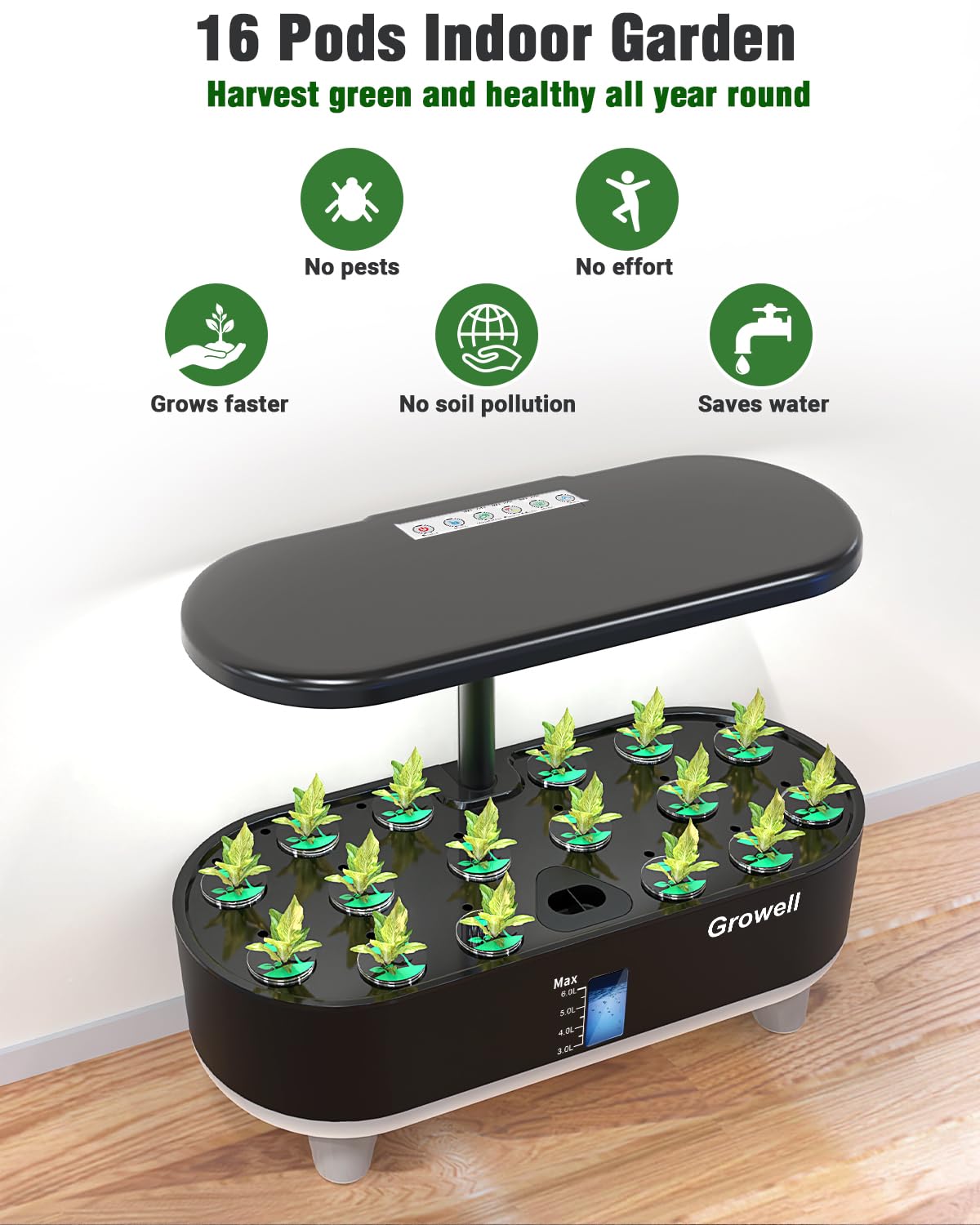 Growell kit beside potted herbs showing compact footprint and space-saving benefit